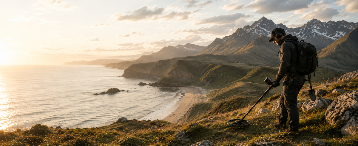 Homme utilisant un détecteur de métaux sur une montagne dominant la mer au coucher du soleil