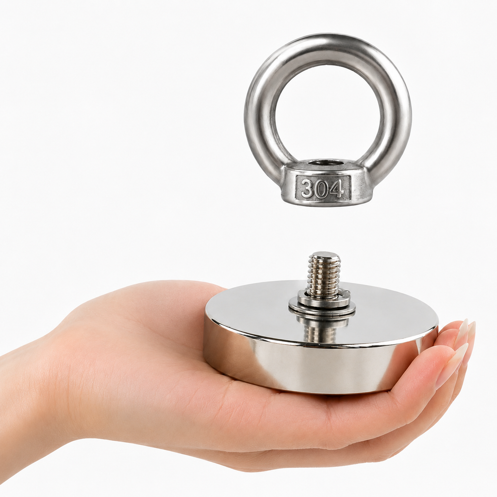 Aimant de pêche compact en néodyme avec œillet amovible en acier inoxydable 304 et fixation filetée