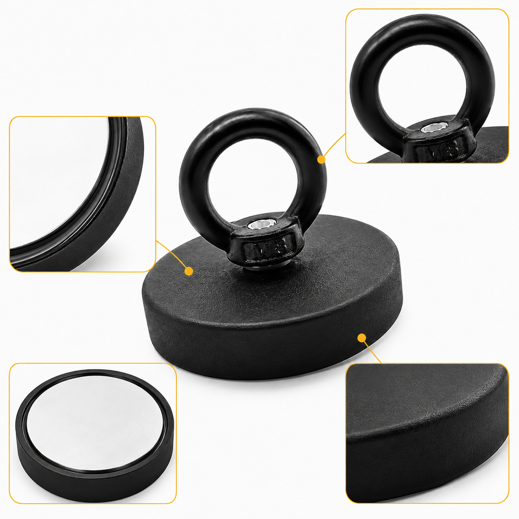 Aimant de pêche noir en néodyme avec œillet renforcé, coque protectrice et surface magnétique lisse 