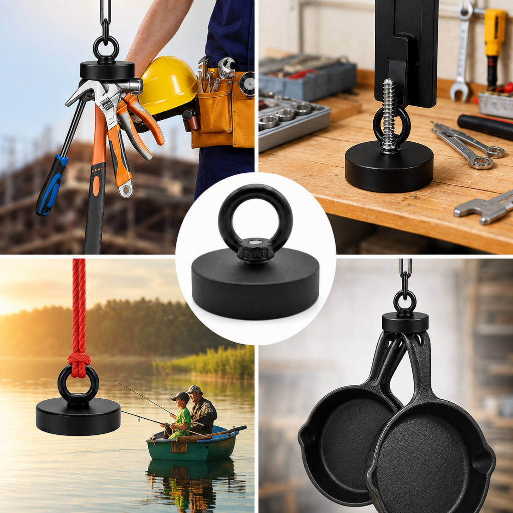 Aimant noir en néodyme utilisé pour la pêche magnétique, la récupération d’outils et le levage d’objets métalliques