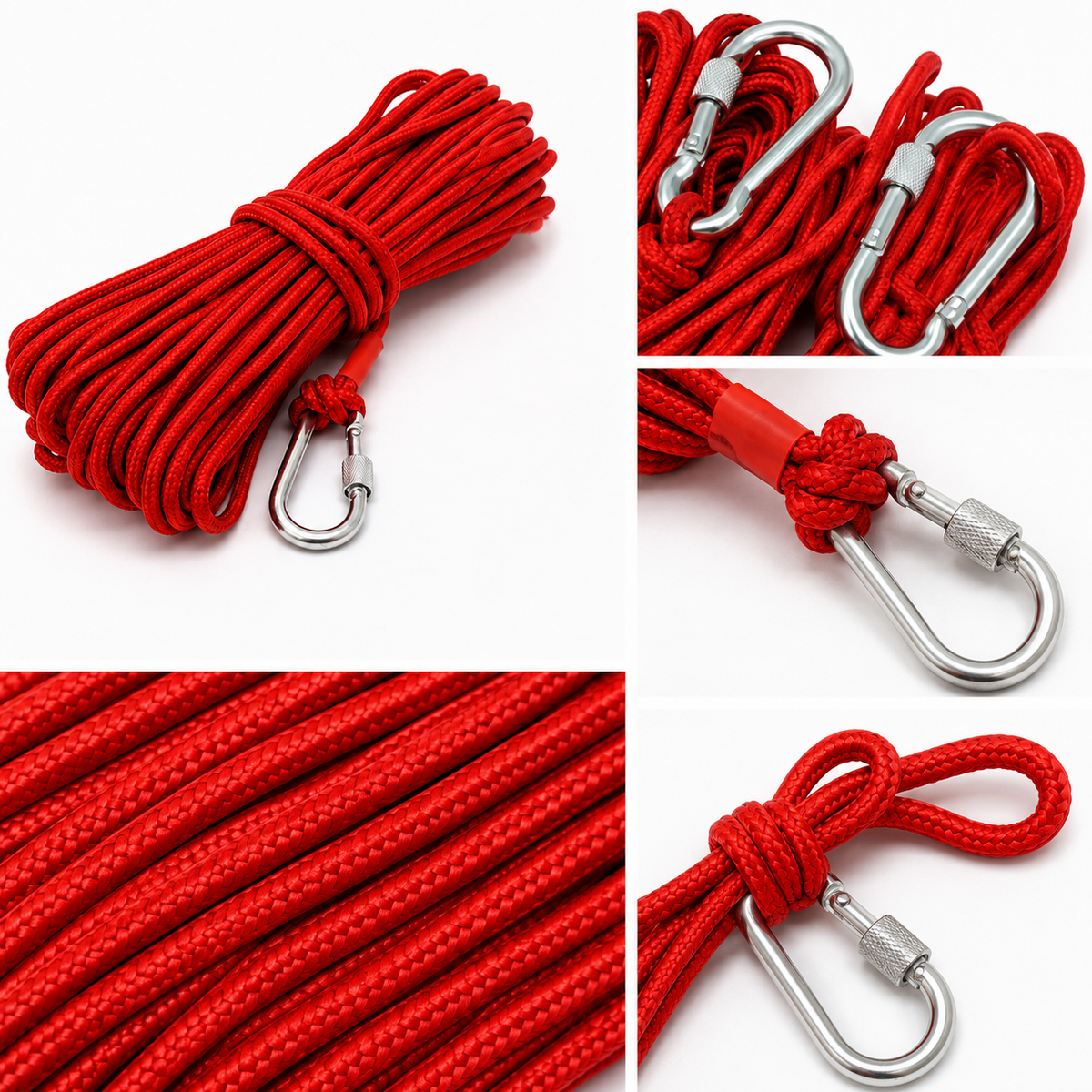 Corde rouge tressée pour pêche magnétique avec boucle renforcée et mousqueton à verrouillage sécurisé