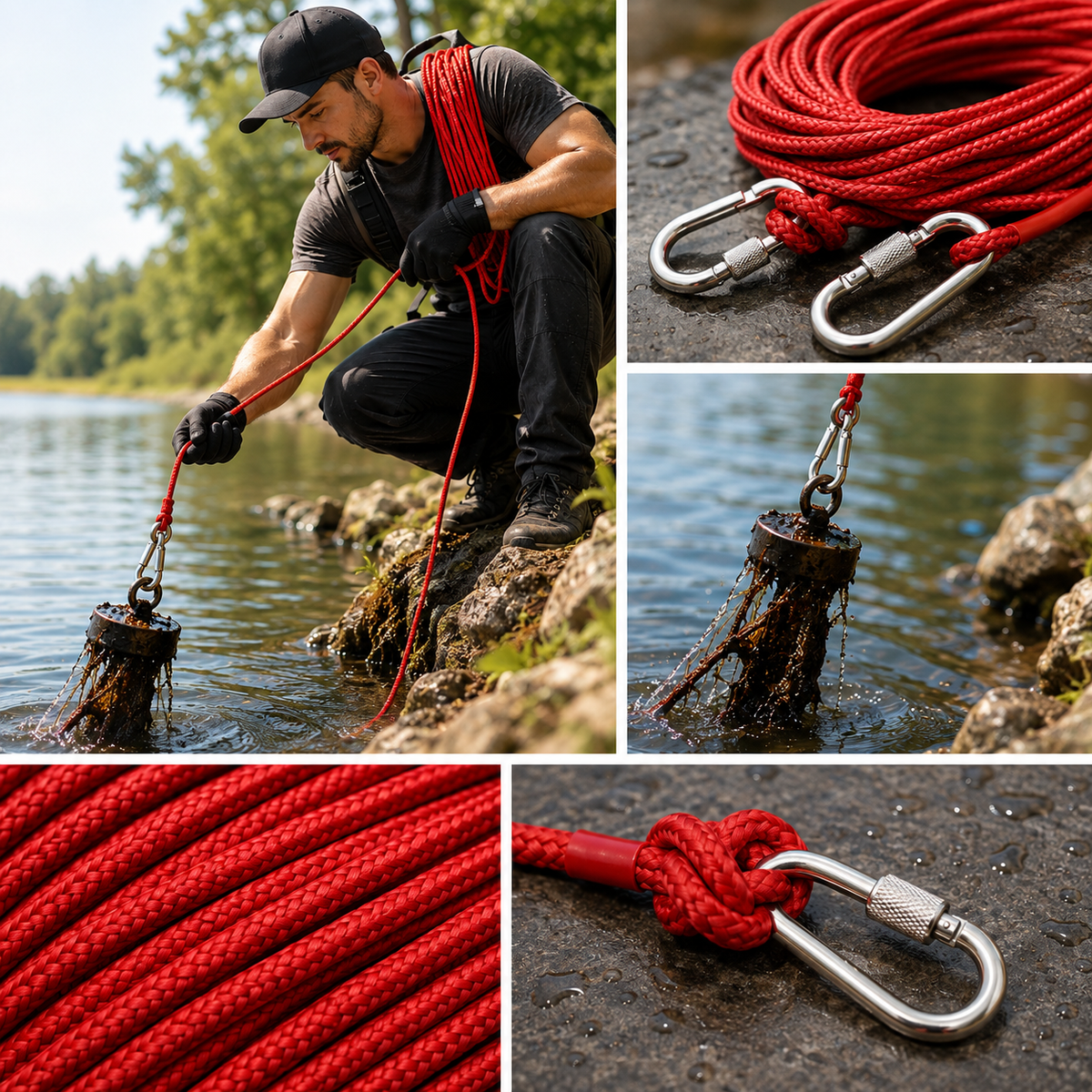 Corde rouge tressée avec mousqueton sécurisé utilisée pour récupérer des objets métalliques lors d’une pêche magnétique