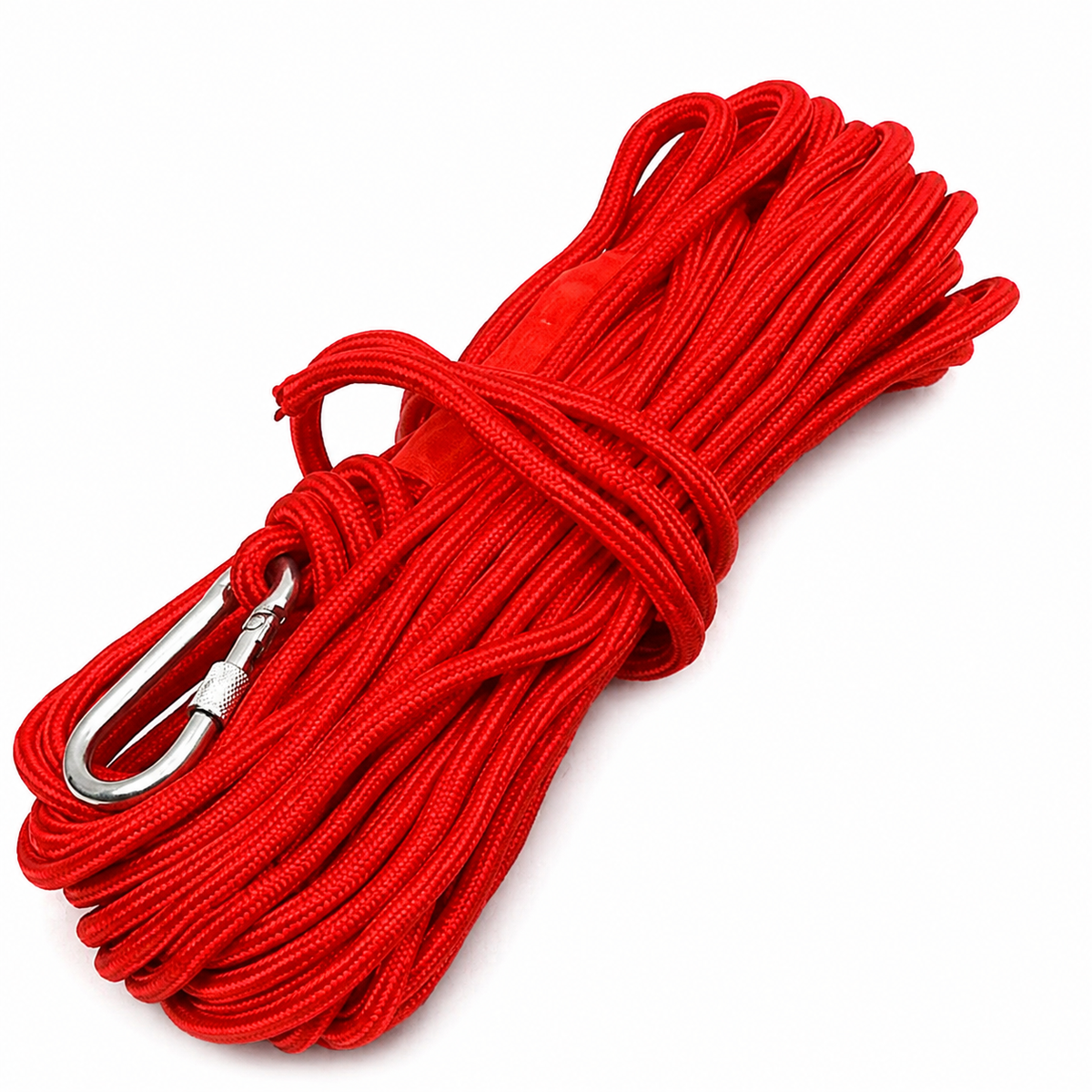Corde rouge résistante pour pêche magnétique et récupération, équipée d’un mousqueton métallique sécurisé