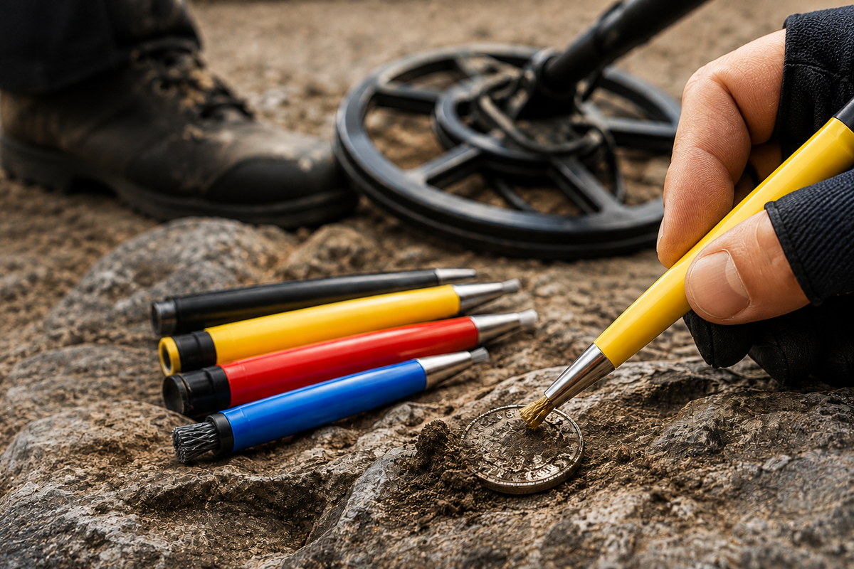 Nettoyage d’une pièce ancienne avec un crayon grattoir à métaux après une découverte au détecteur de métaux 