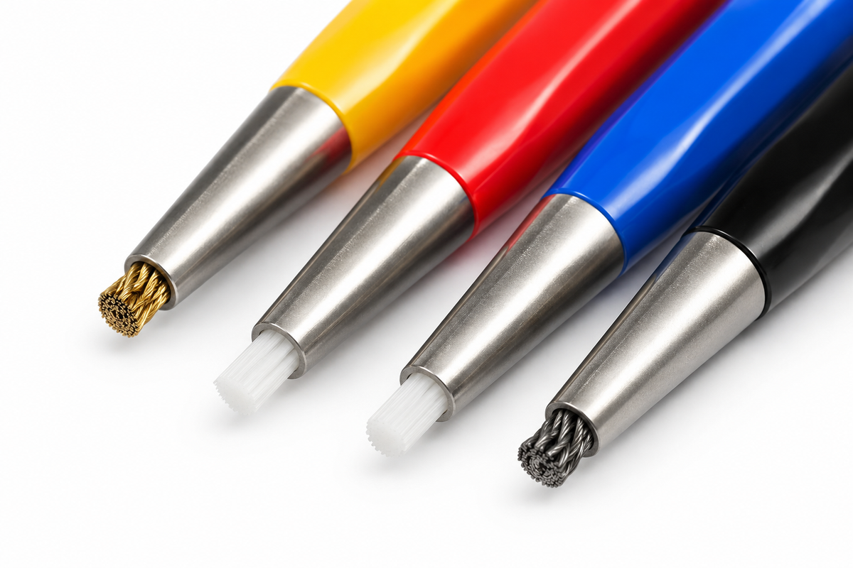 Gros plan sur quatre crayons grattoirs à métaux avec embouts abrasifs en fibres métalliques et synthétiques