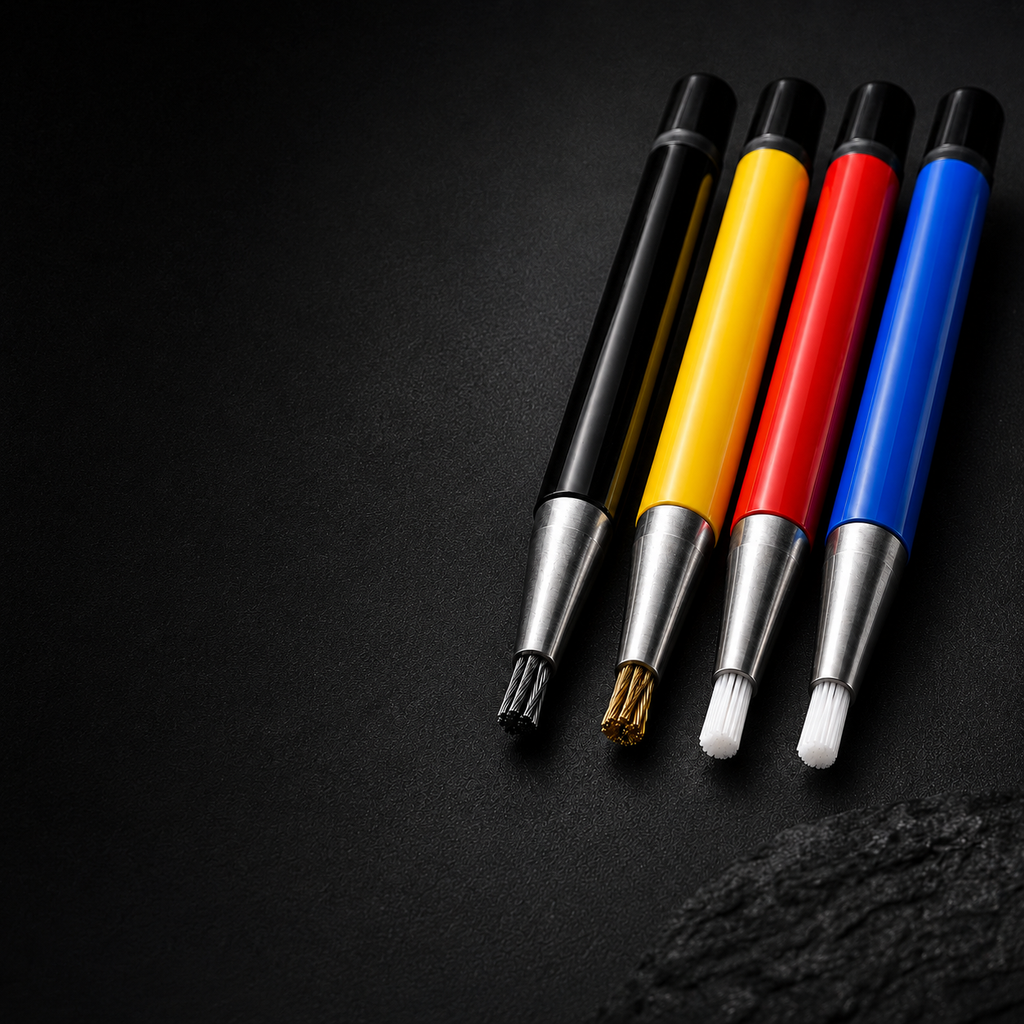 Quatre crayons grattoirs à métaux avec embouts abrasifs variés, présentés sur un fond noir