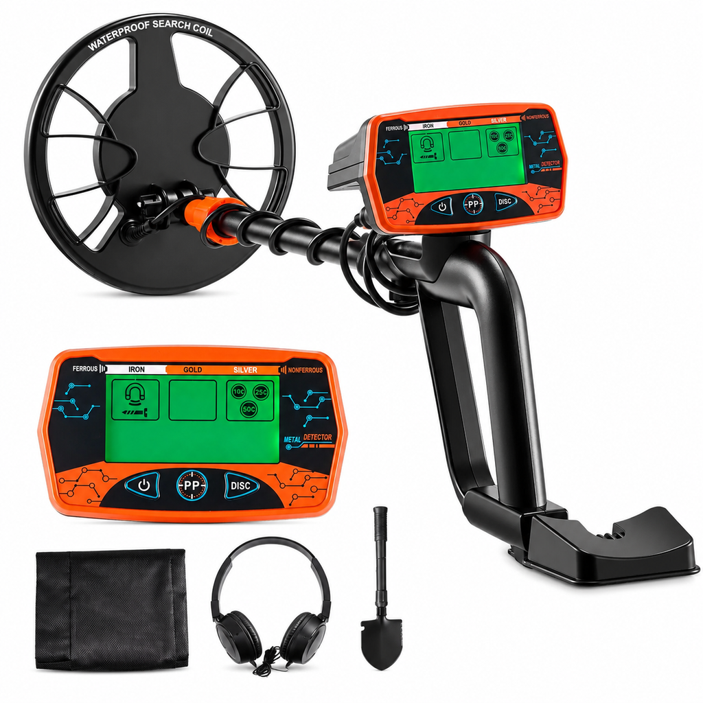 Détecteur de métaux à 3 modes avec écran LCD, disque de recherche étanche, casque audio, pelle et sac de rangement 