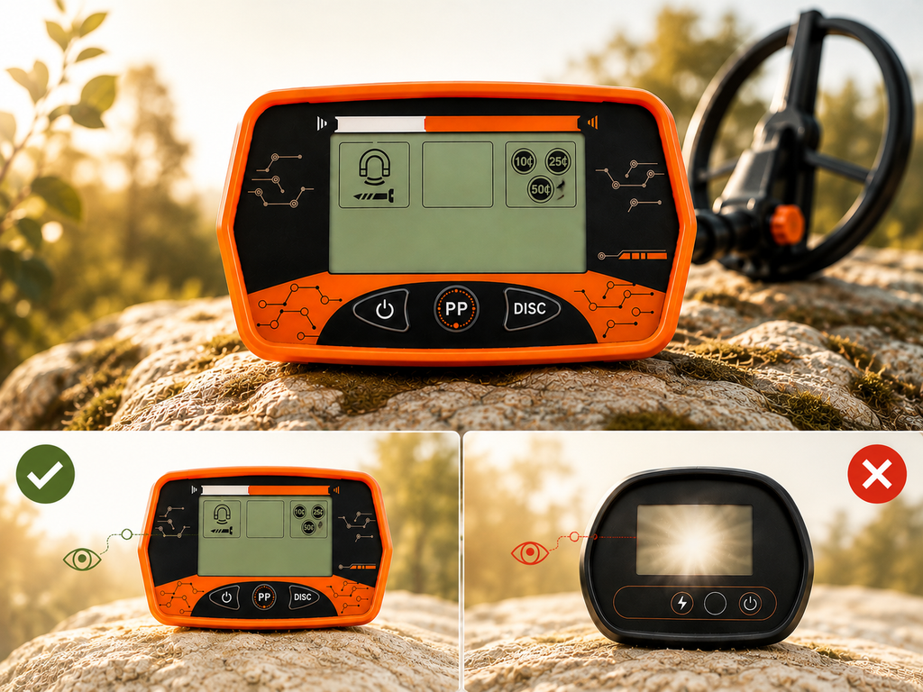 Écran LCD antireflet du détecteur de métaux à 3 modes, lisible en plein soleil avec commandes simples 