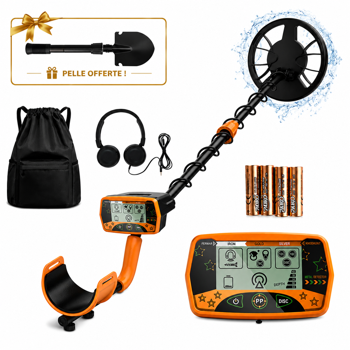 Kit de détection de métaux pour adultes et enfants avec écran LCD, disque étanche, casque, pelle, sac à dos et piles