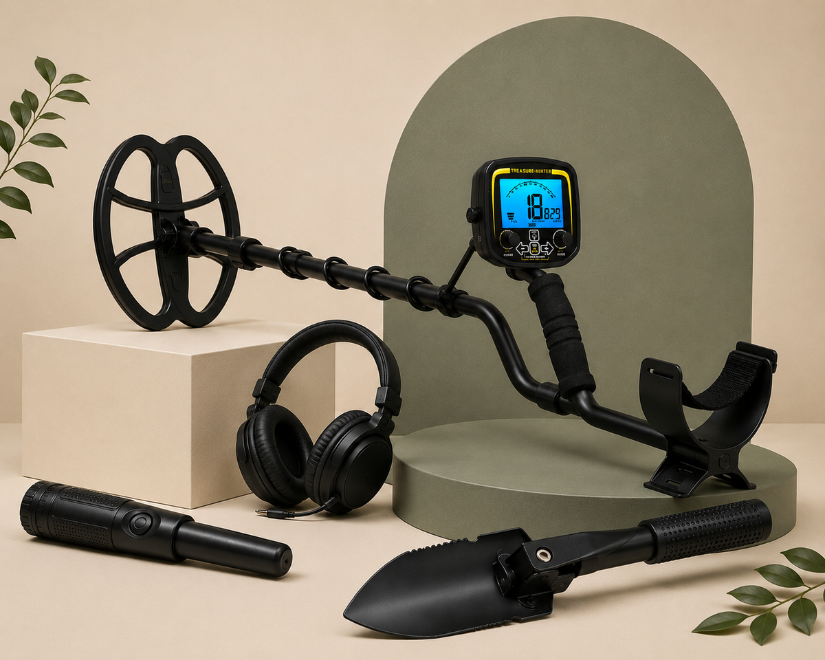Détecteur de métaux avec écran LCD, casque audio, pinpointer et pelle de fouille Image
