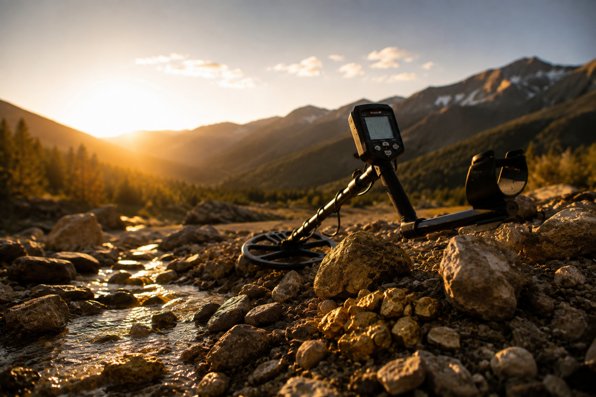 Détecteur de métaux pour la recherche d’or posé près d’un ruisseau de montagne au coucher du soleil  Image