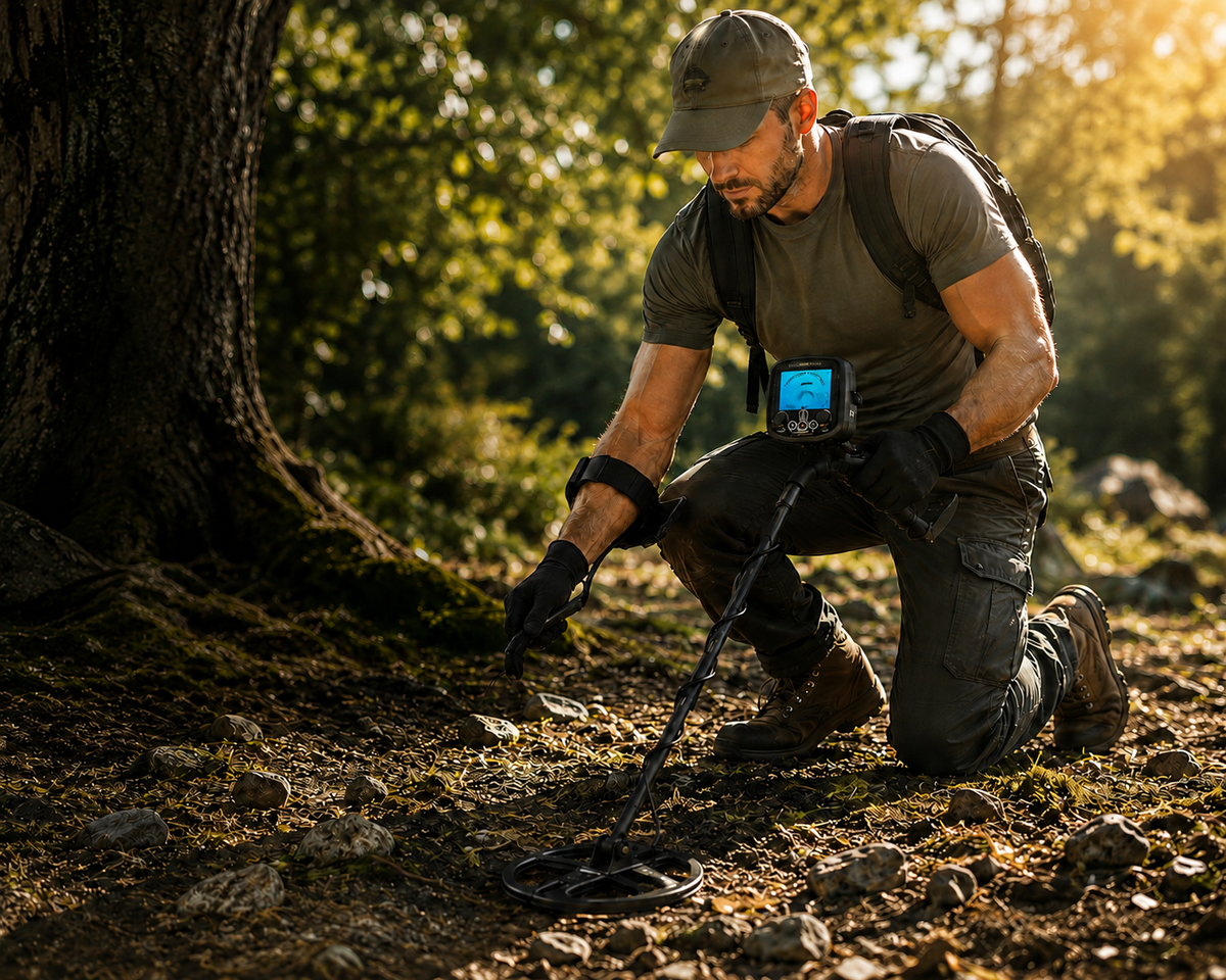 Recherche de trésors en forêt avec le détecteur de métaux Pro Treasure Hunter à écran LCD 