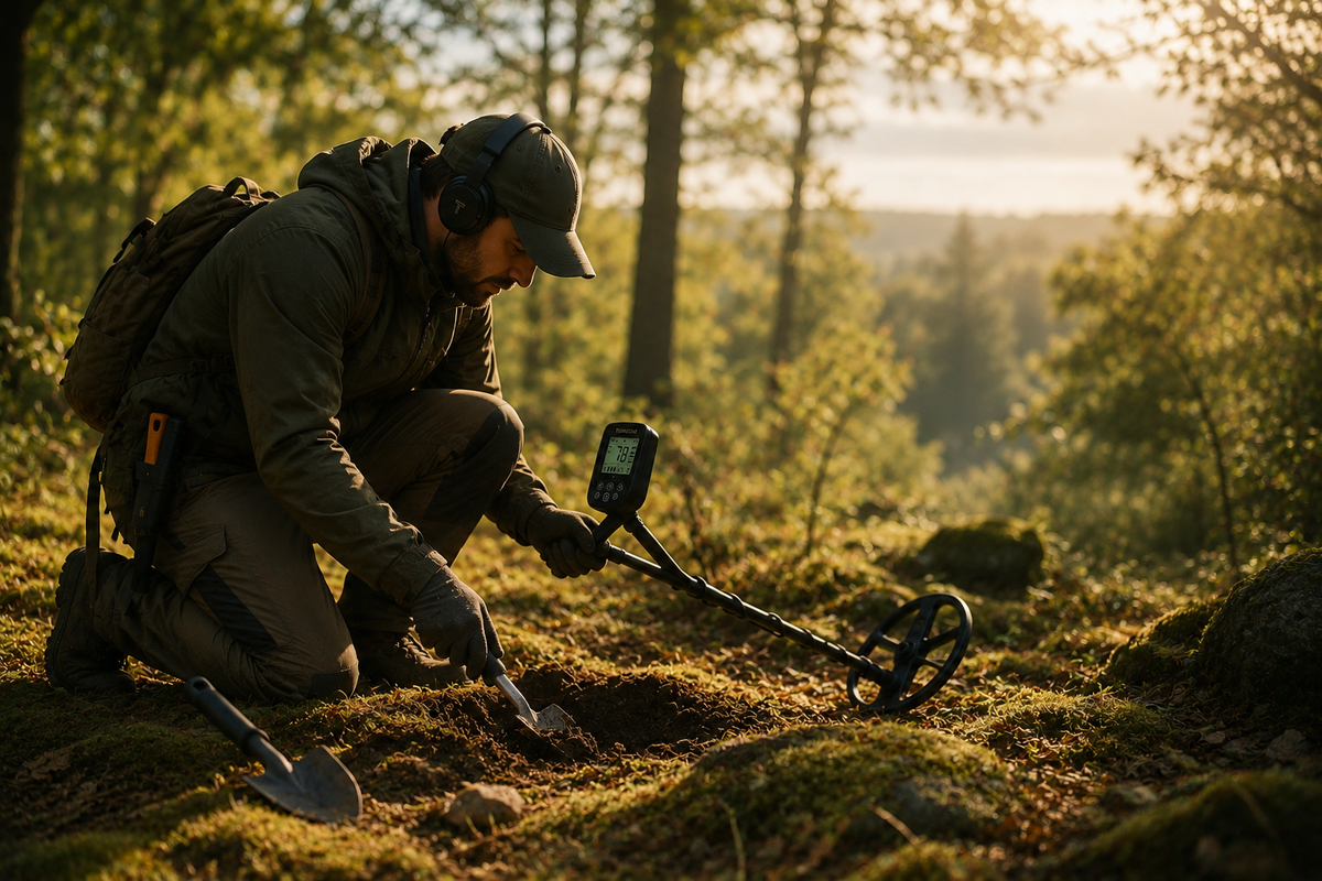 Prospecteur creusant le sol en forêt après avoir localisé une cible avec son détecteur de métaux  Image