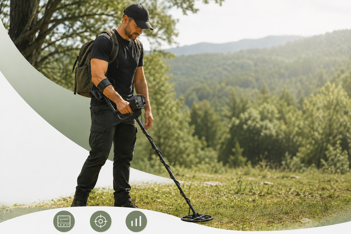 Recherche en pleine nature avec un détecteur de métaux haute sensibilité doté d’un repose-bras ergonomique
