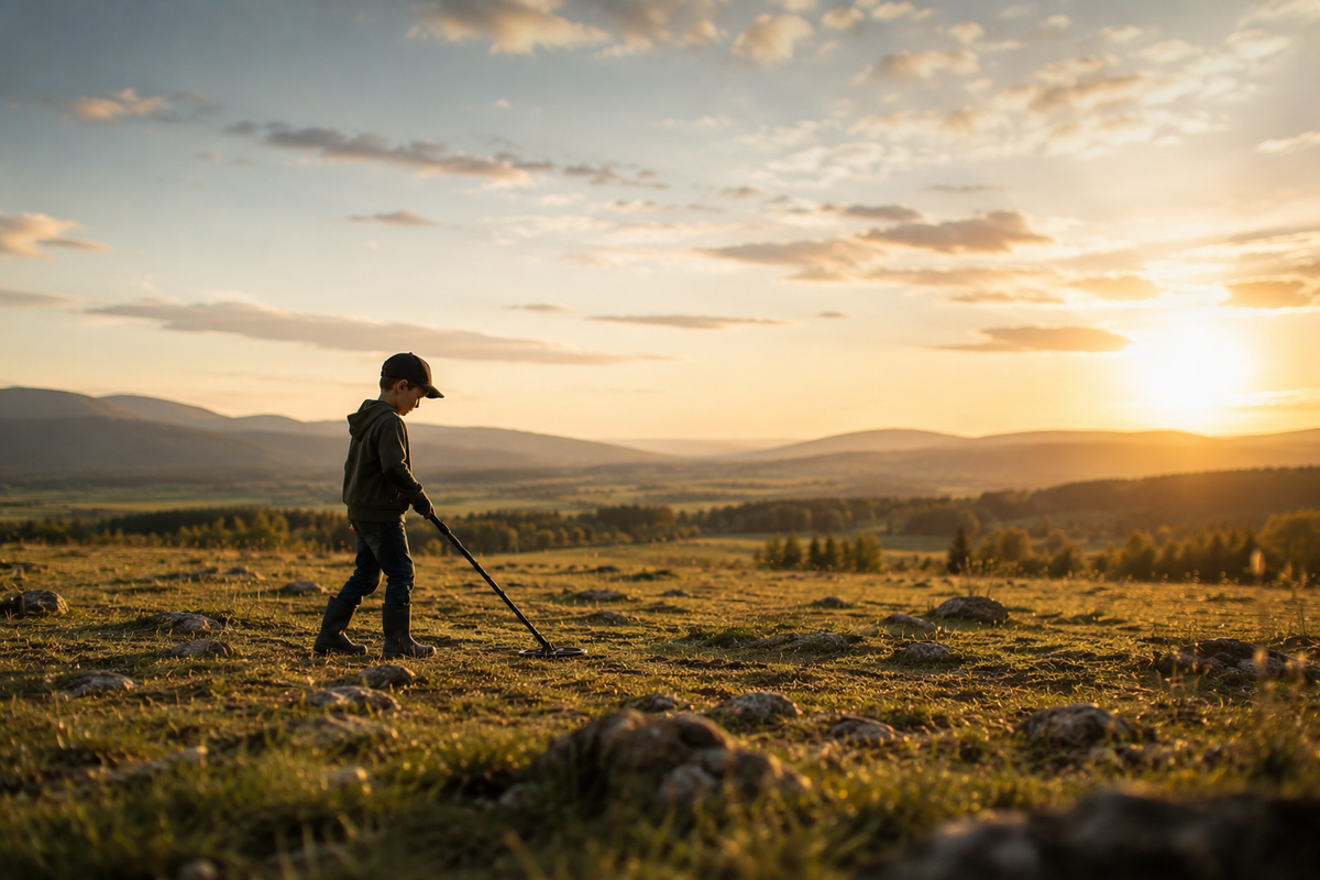Enfant utilisant un détecteur de métaux dans un paysage de montagne au coucher du soleil Image