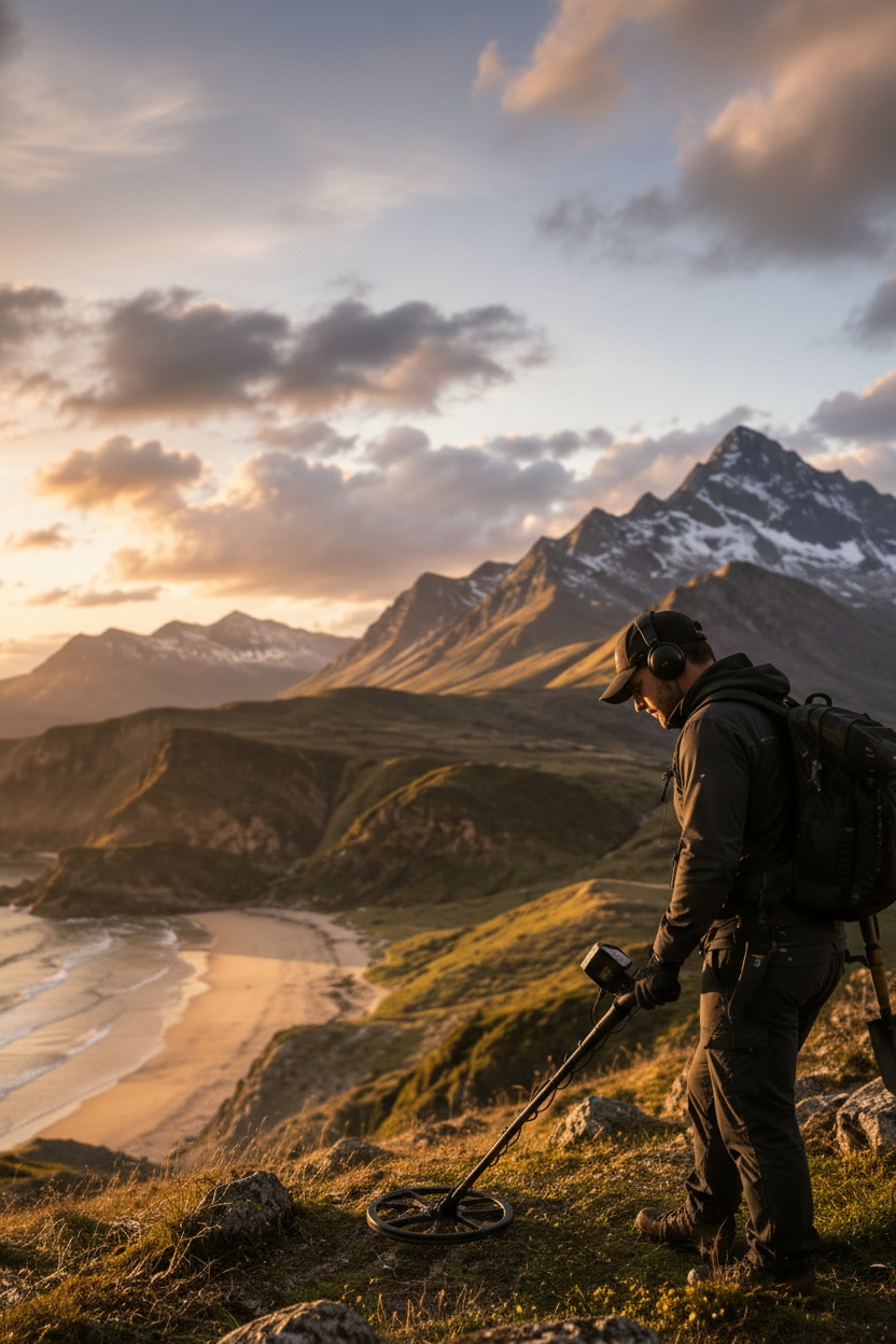 Homme utilisant un détecteur de métaux sur une montagne dominant la mer au coucher du soleil