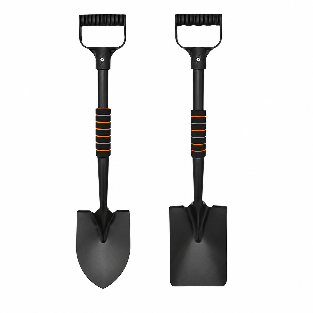Pelles de fouille noires en acier et carbone avec lames ronde et carrée, poignées ergonomiques et grip antidérapant 