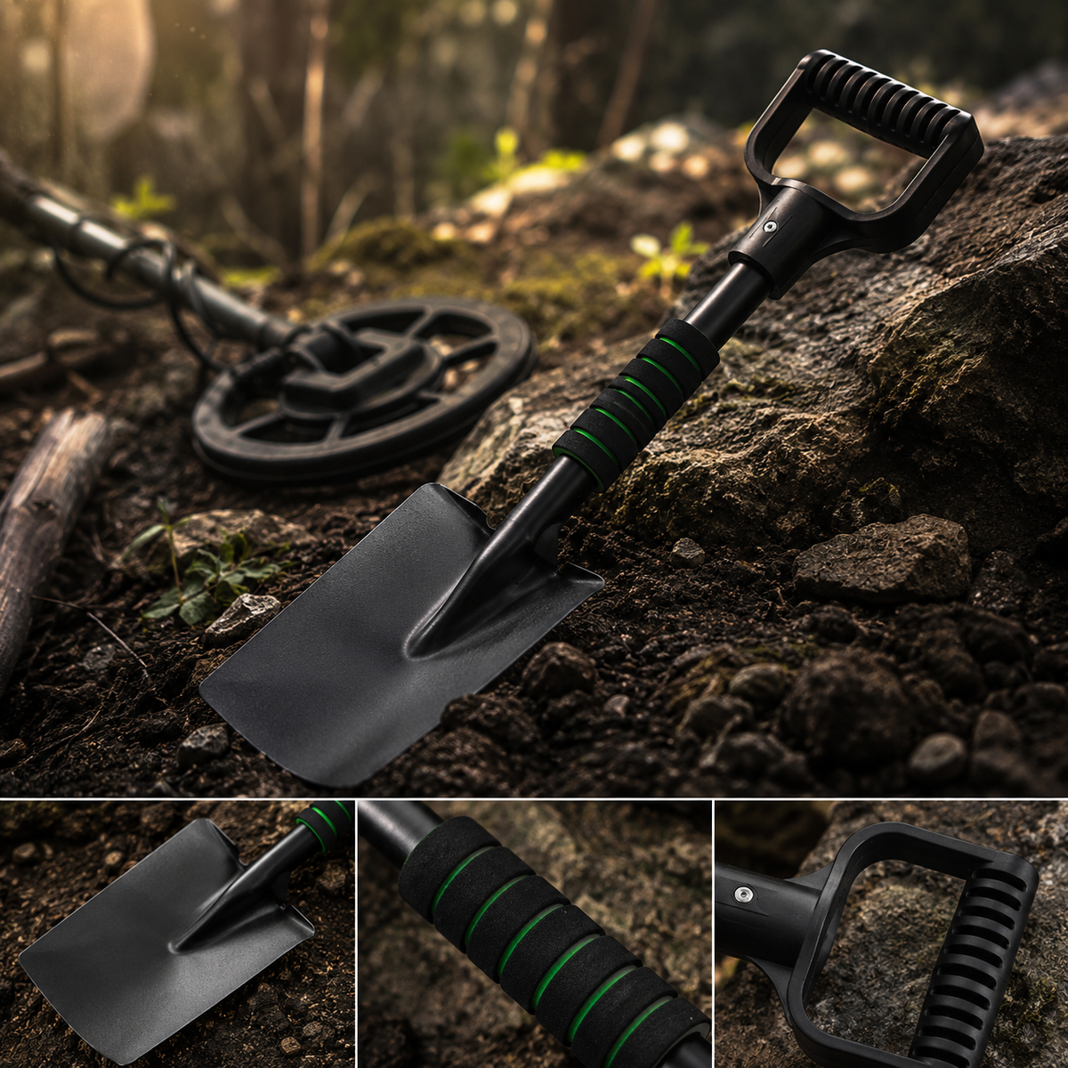 Pelle de fouille carrée en acier et carbone utilisée en forêt avec un détecteur de métaux, poignée et grip antidérapants