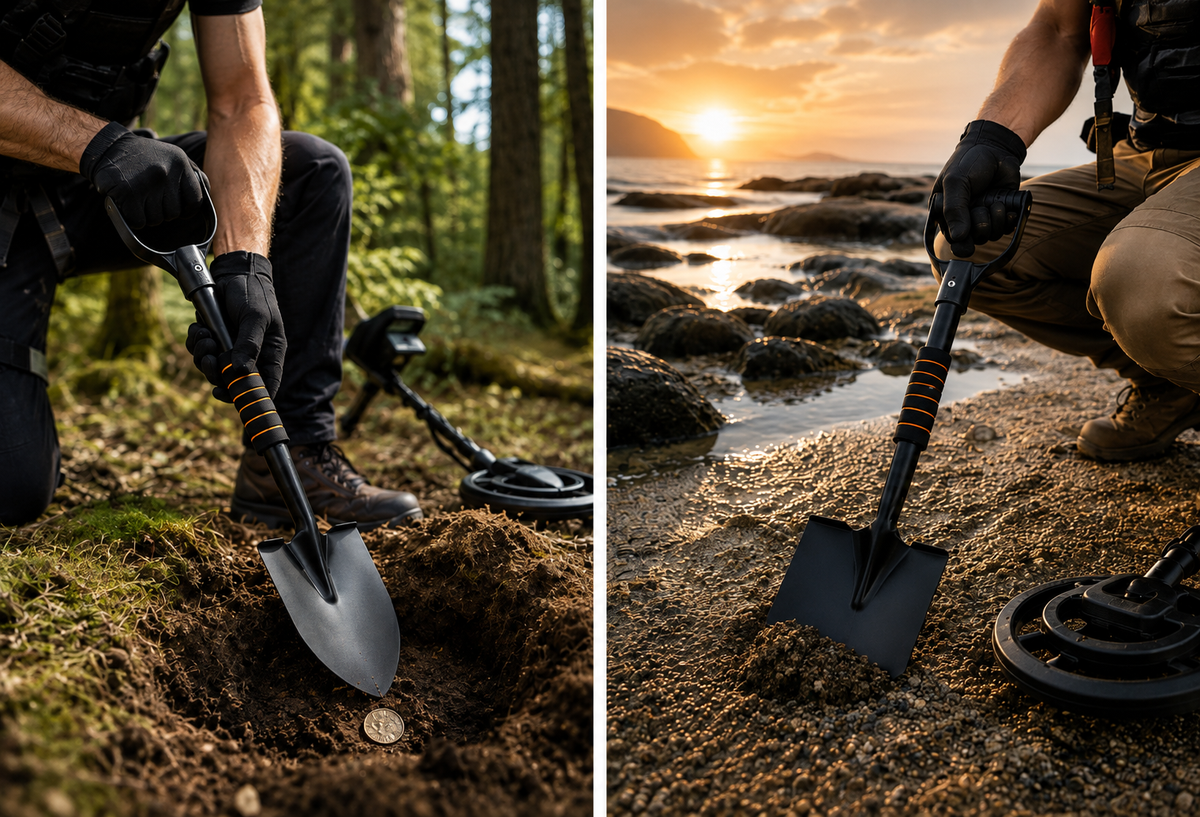 Utilisation de pelles de fouille ronde et carrée avec un détecteur de métaux en forêt et sur une plage rocheuse