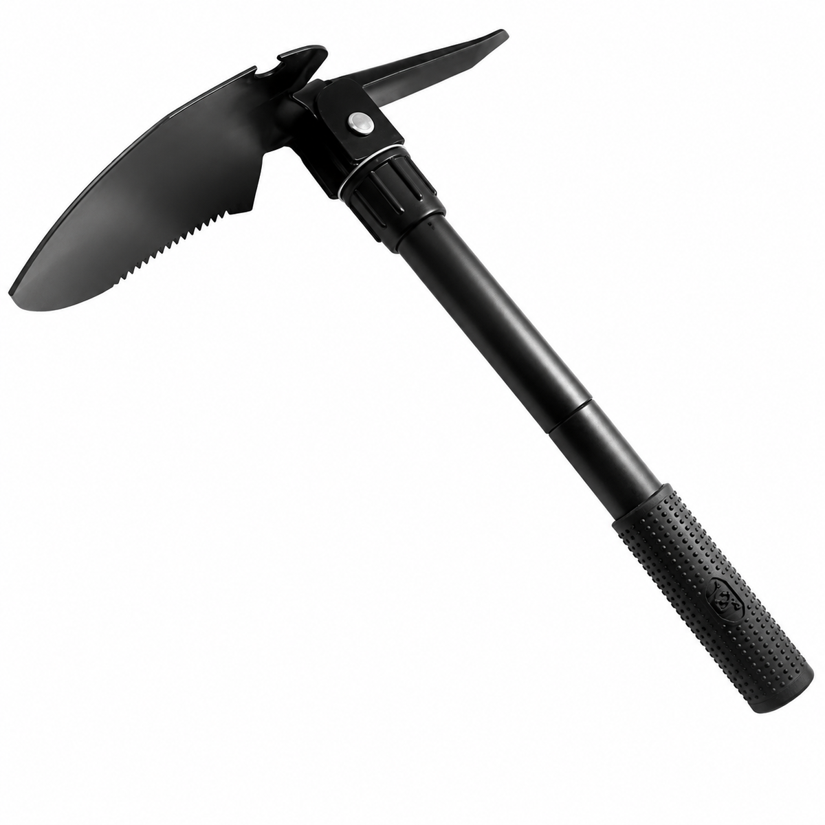 Pelle pliante multifonction noire en acier inoxydable avec pioche, lame dentée et poignée antidérapante 