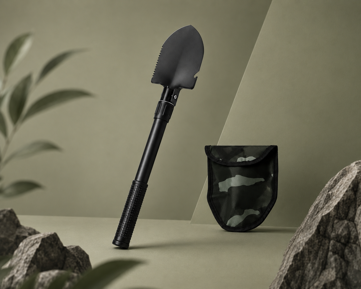 Pelle pliante noire en acier inoxydable avec lame dentée et étui de rangement camouflage pour le transport 