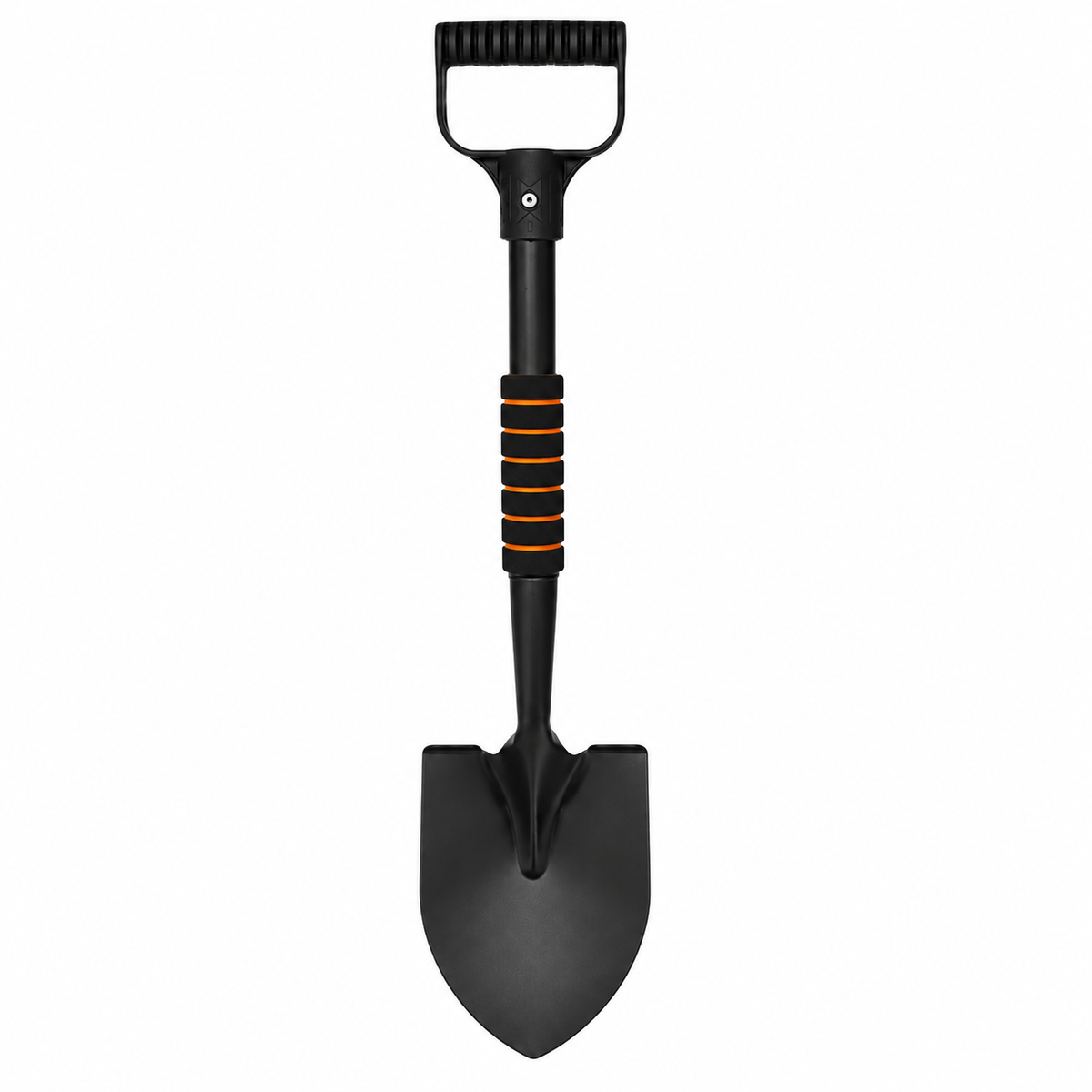 Pelle de fouille ronde noire en acier et carbone avec poignée ergonomique et grip antidérapant orange 