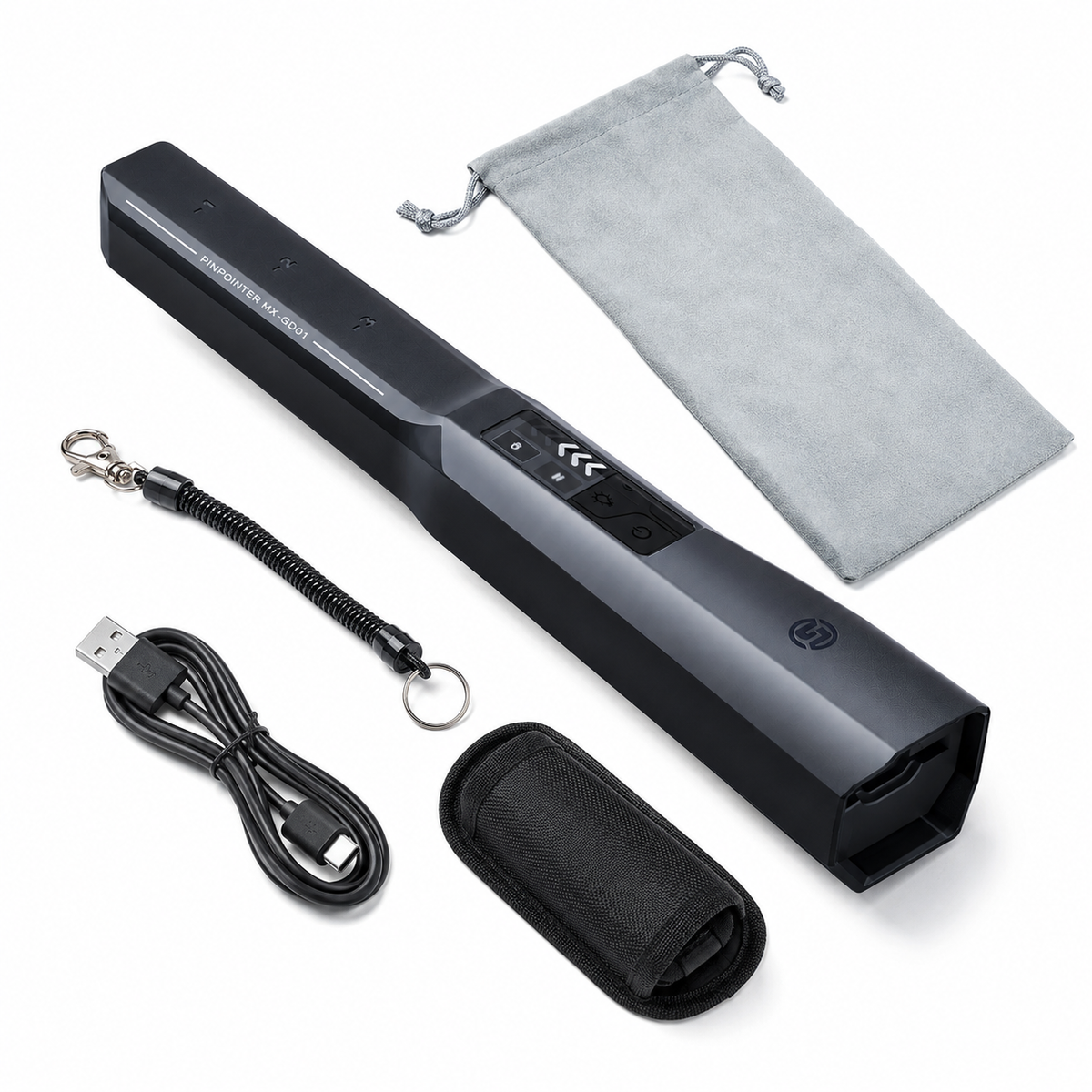  Pinpointer rechargeable à batterie lithium avec câble USB, étui de ceinture, dragonne de sécurité et pochette de rangement
