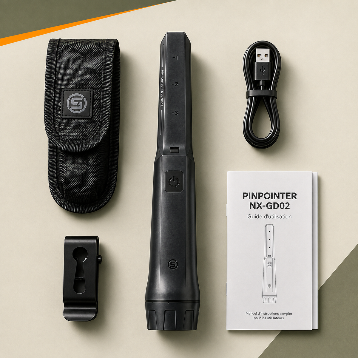 Pinpointer rechargeable NX-GD02 avec étui de ceinture, clip, câble USB et guide d’utilisation 