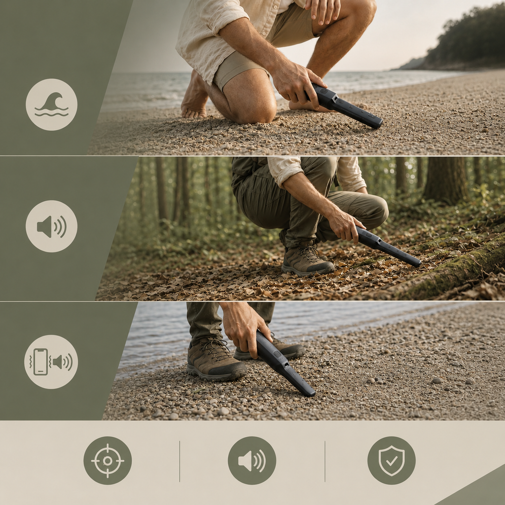 Pinpointer rechargeable utilisé sur la plage et en forêt avec alertes sonores et connexion à un smartphone