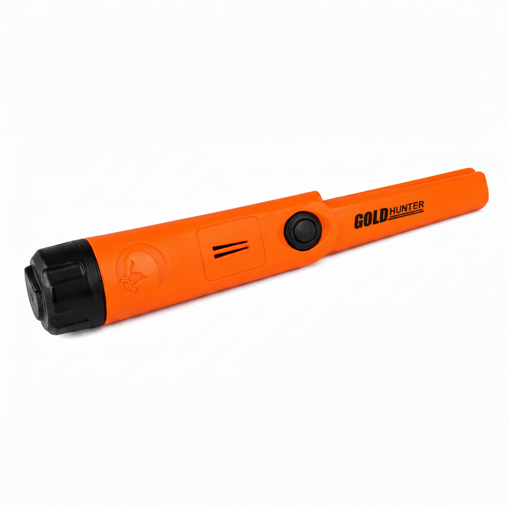 Pinpointer Gold Hunter orange et noir avec bouton de commande et alertes sonores pour localiser les métaux