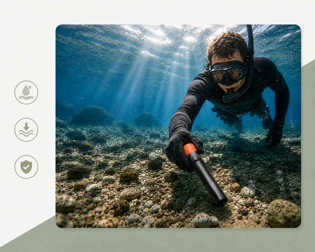 Pinpointer Gold Hunter étanche utilisé sous l’eau pour localiser des objets métalliques sur les fonds rocheux
