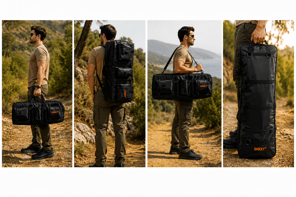 Sac pour détecteur de métaux porté à la main, sur le dos et en bandoulière lors d’une sortie de détection en extérieur