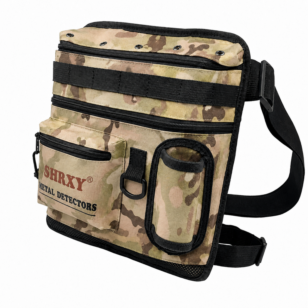 Sacoche à trouvailles militaire camouflage pour détection de métaux avec poches zippées, passants et sangle réglable 