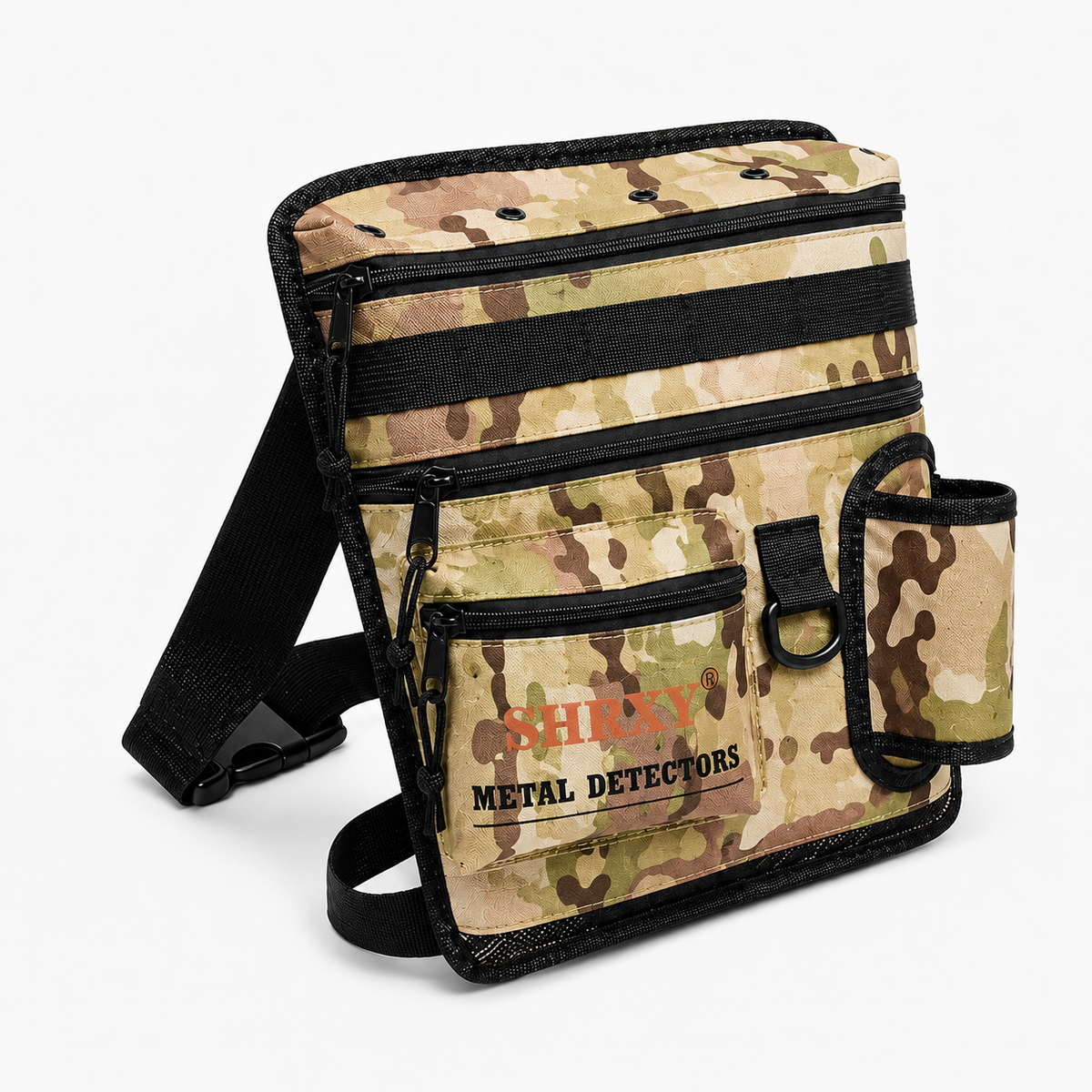 Sacoche militaire camouflage pour détection de métaux avec multiples poches, porte-pinpointer et sangle de taille réglable