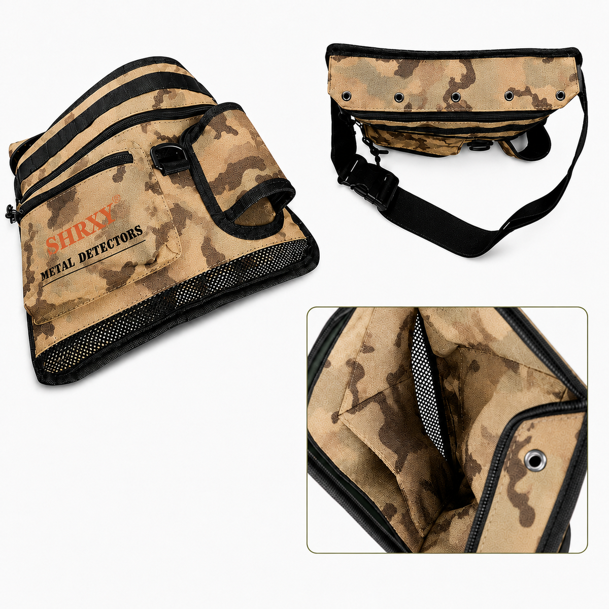 Sacoche à trouvailles camouflage avec compartiments intérieurs, fond en maille, poches zippées et ceinture réglable