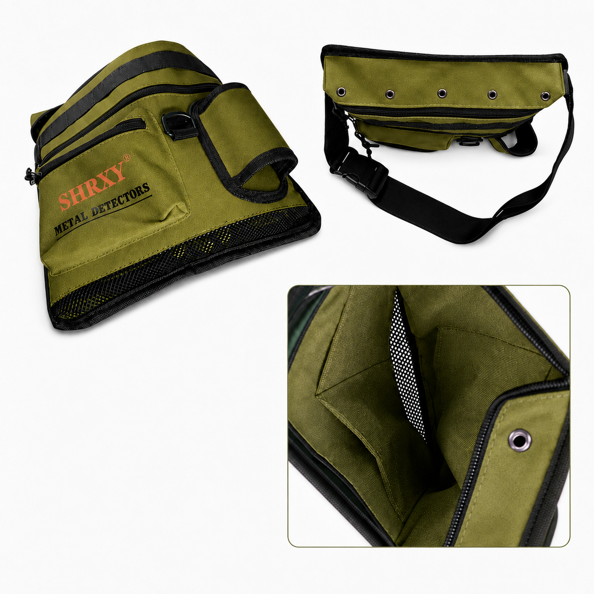 Sacoche à trouvailles verte avec compartiments intérieurs, fond en maille, poches zippées et ceinture réglable