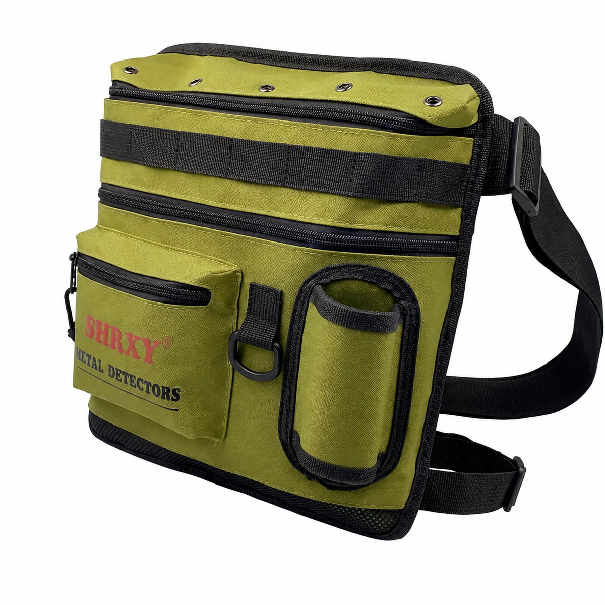 Sacoche à trouvailles verte pour détection de métaux avec poches zippées, porte-pinpointer et ceinture réglable