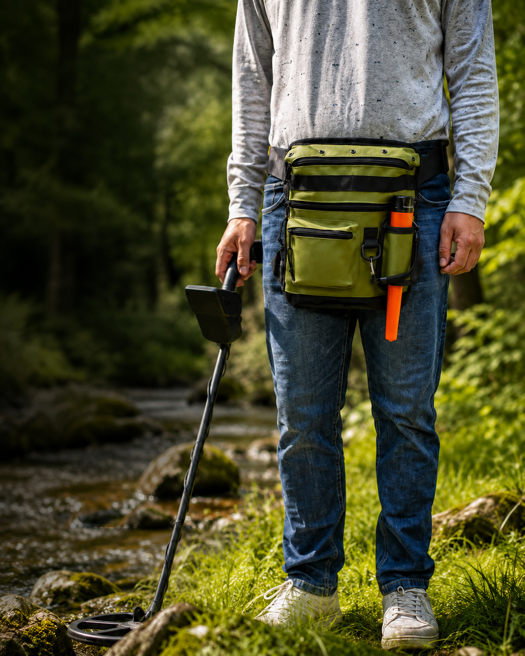 Prospecteur portant une sacoche à trouvailles verte avec pinpointer lors d’une sortie de détection de métaux en forêt